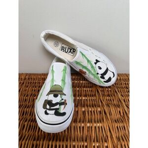 BUXP White Canvas Slip On Sneakers Hand Painted Panda Bamboo Mens 7.5 Womens 9